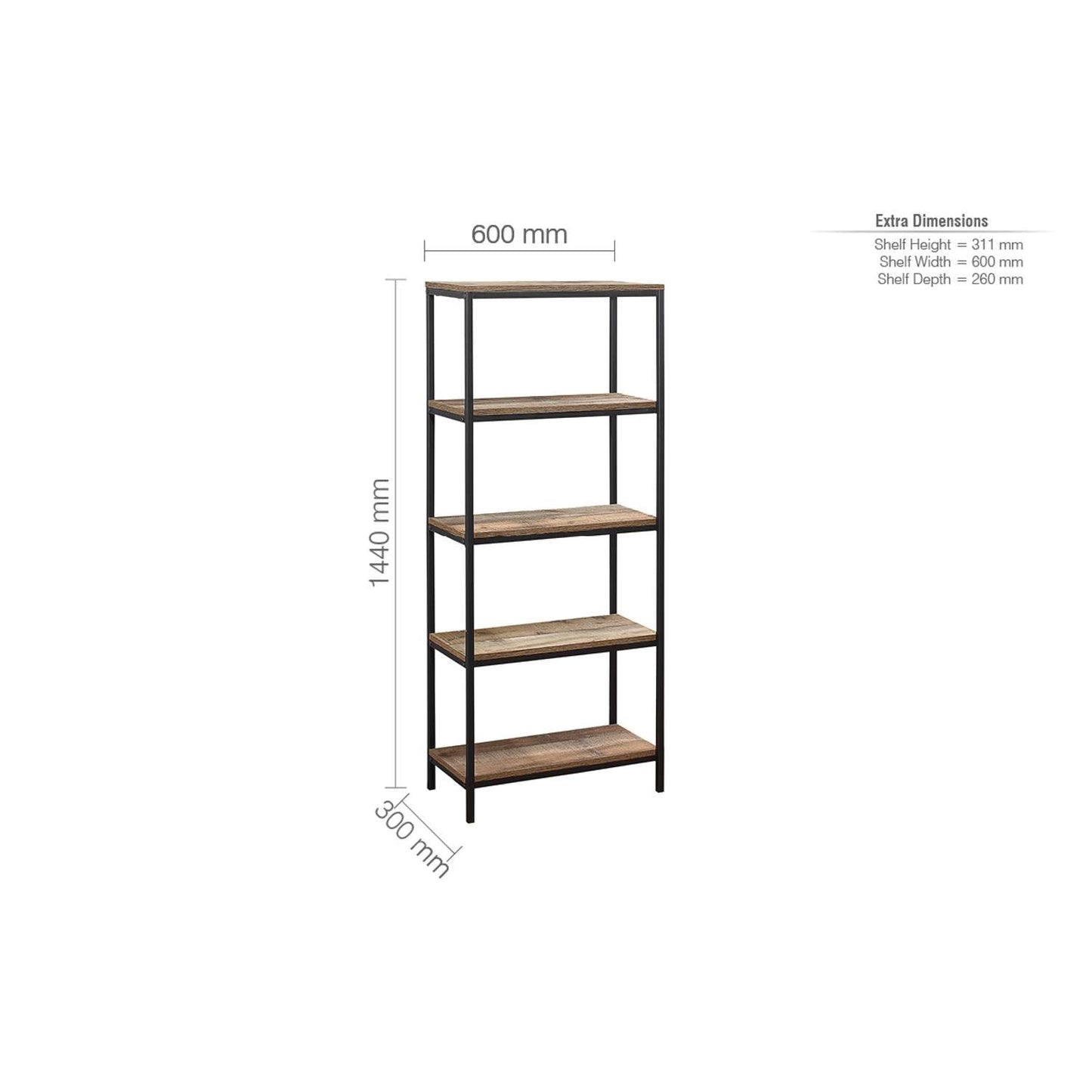 Urban Rustic 5 Tier Bookcase