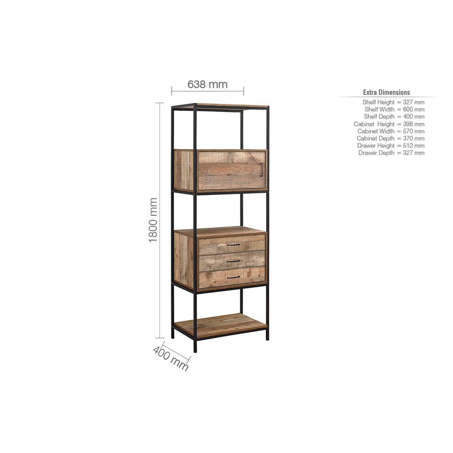 Urban Rustic 3 Drawer Shelving Unit