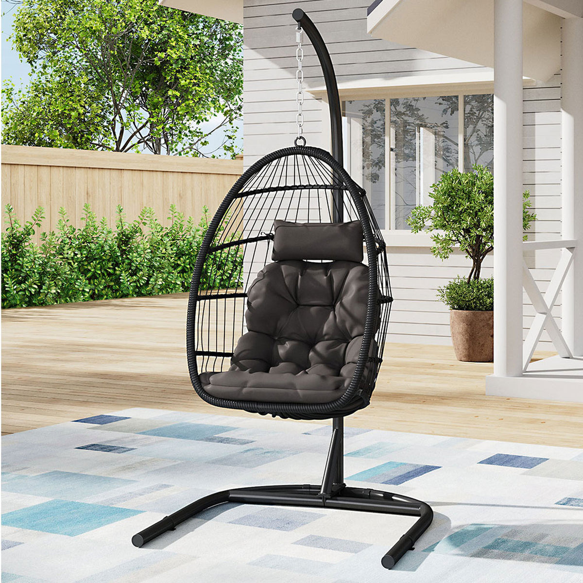 Black Linear Wicker Hanging Egg Chair