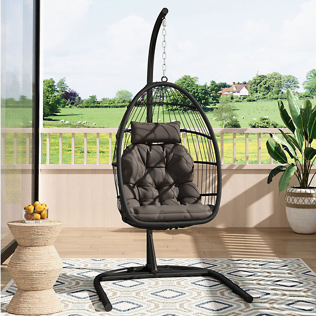 Black Linear Wicker Hanging Egg Chair