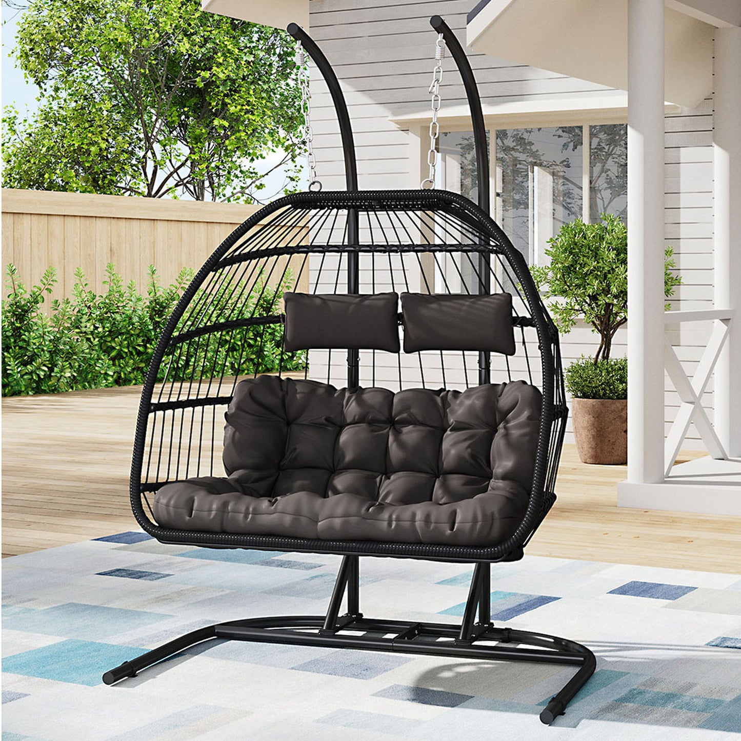 2 Seater Black Wicker Hanging Egg Chair