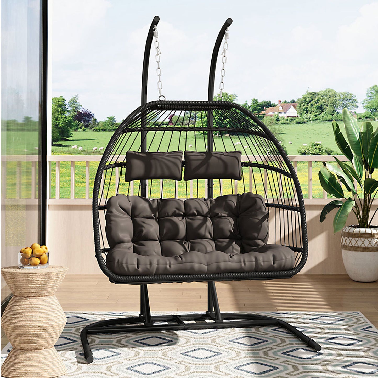 2 Seater Black Wicker Hanging Egg Chair