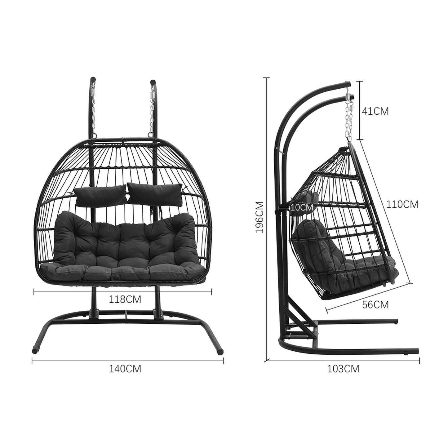 2 Seater Black Wicker Hanging Egg Chair