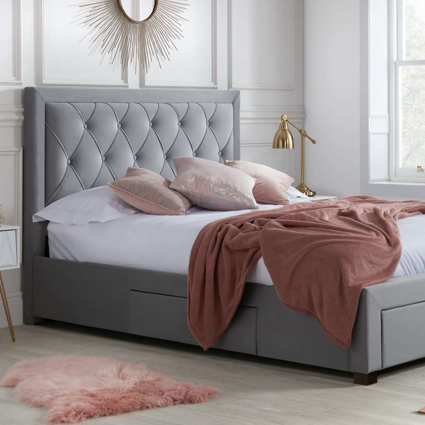 Woodbury Grey Velvet Fabric Bed Frame