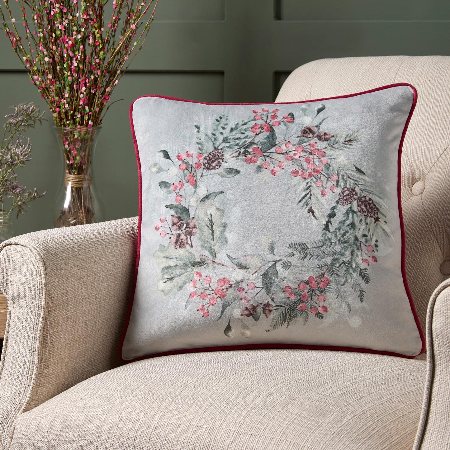 Winter Sprigs Reversible Piped Velvet Filled Cushion