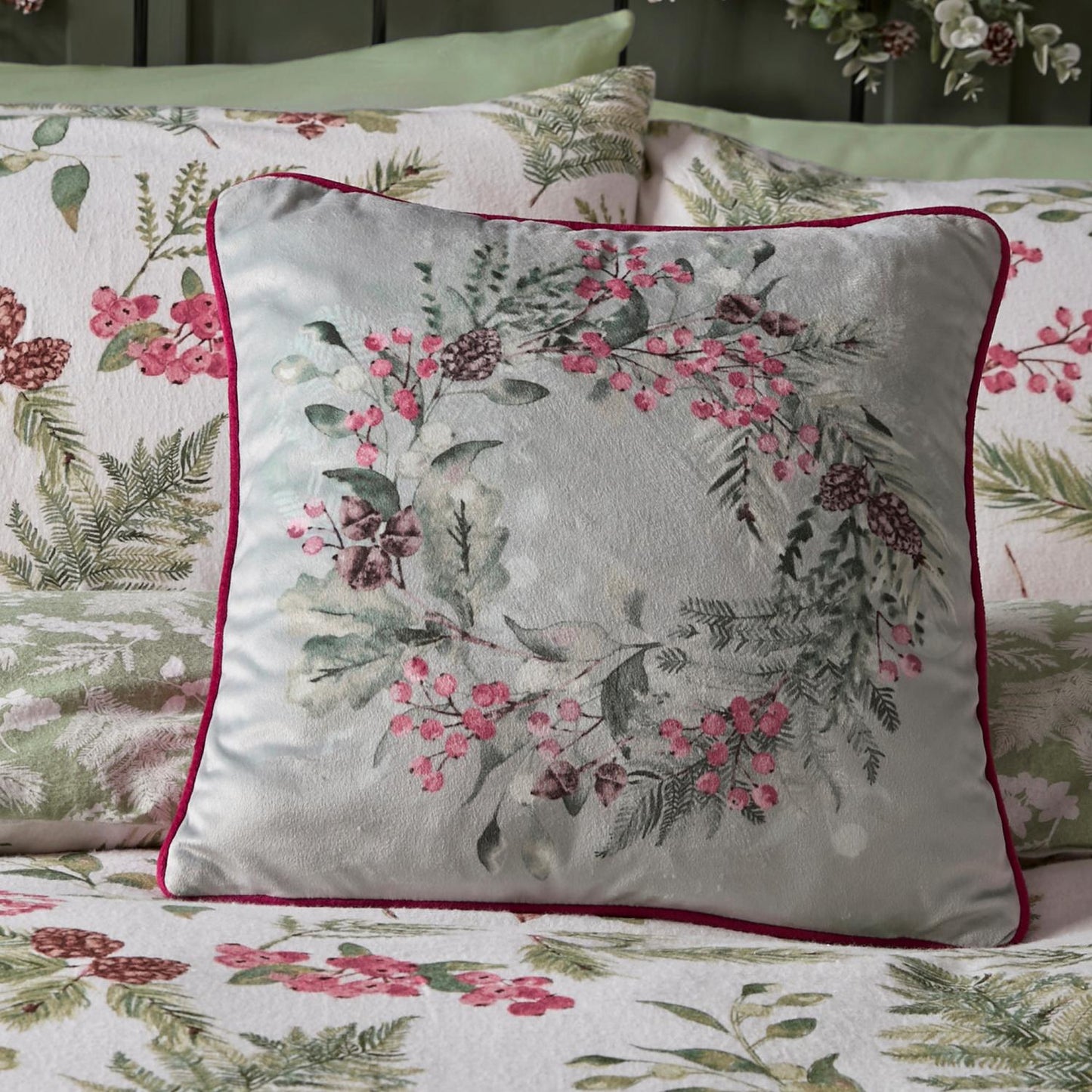 Winter Sprigs Reversible Piped Velvet Filled Cushion