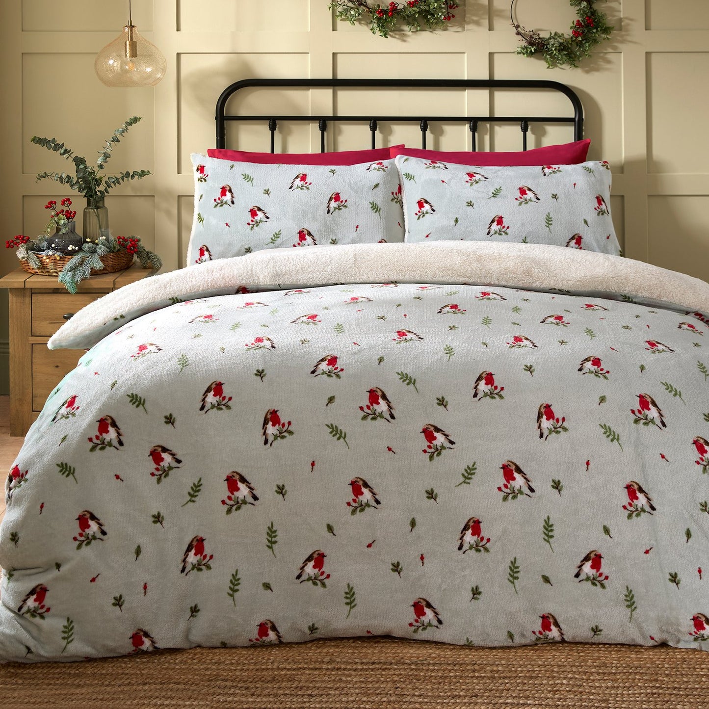 Winter Robin Duck Egg Fleece Duvet Set