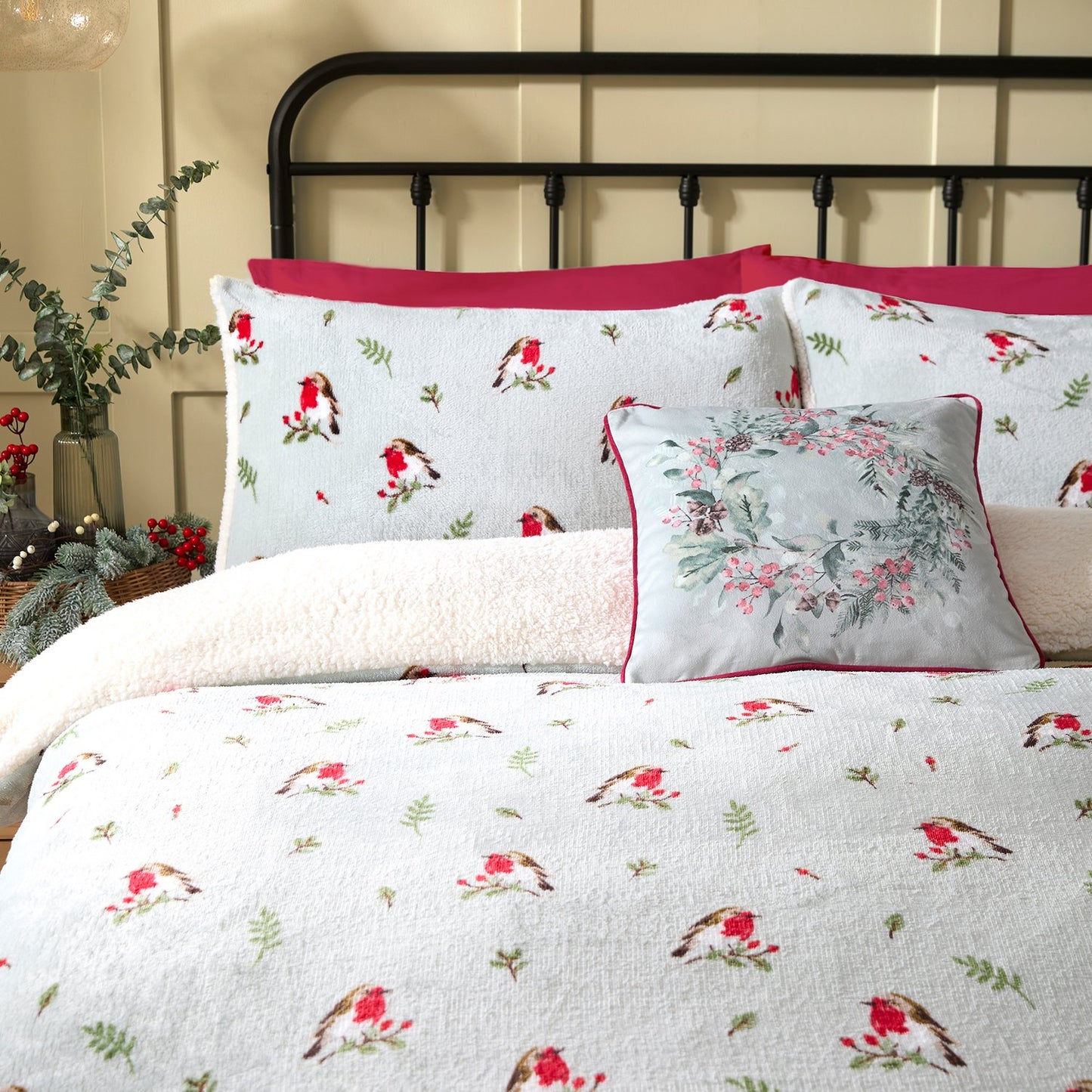 Winter Robin Duck Egg Fleece Duvet Set