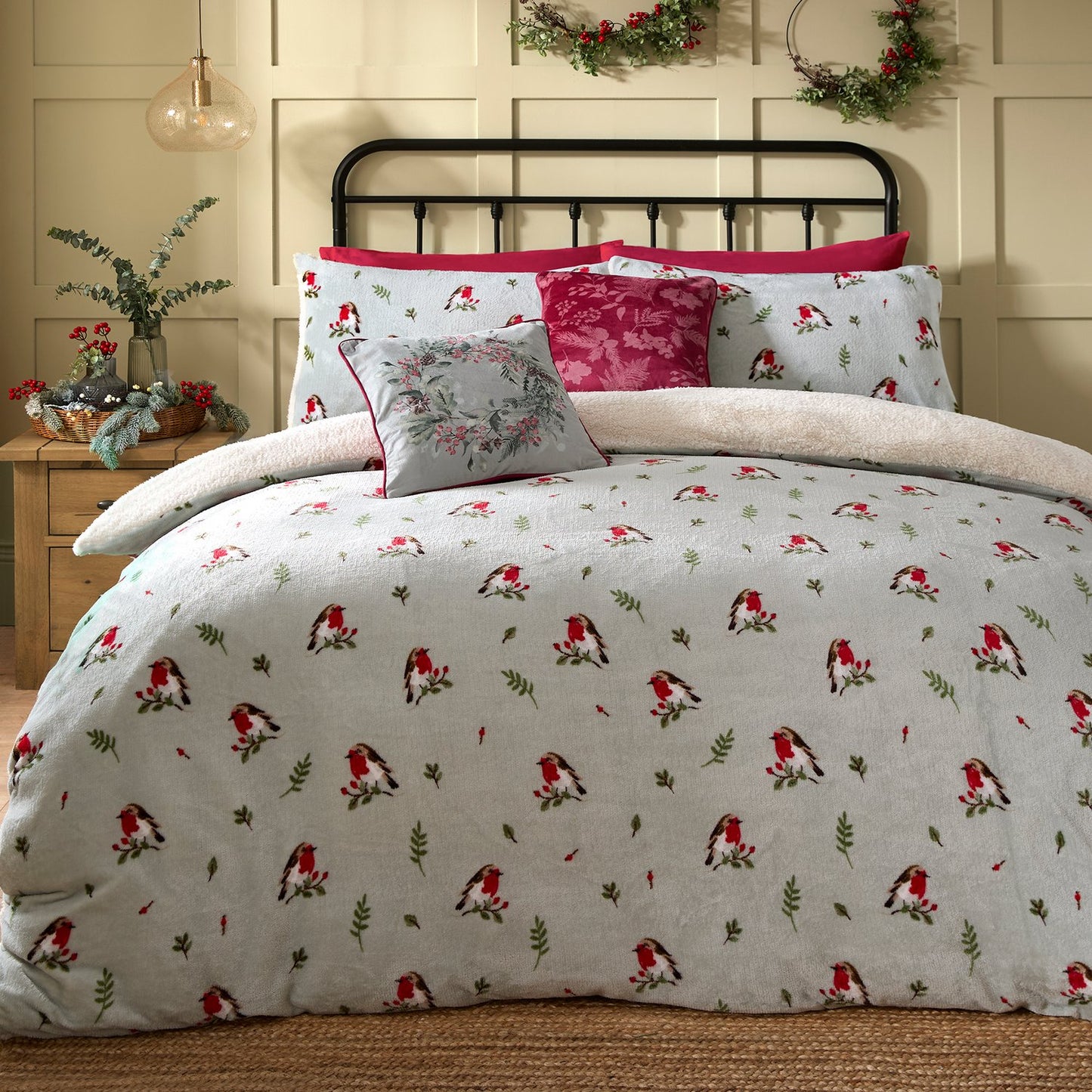 Winter Robin Duck Egg Fleece Duvet Set