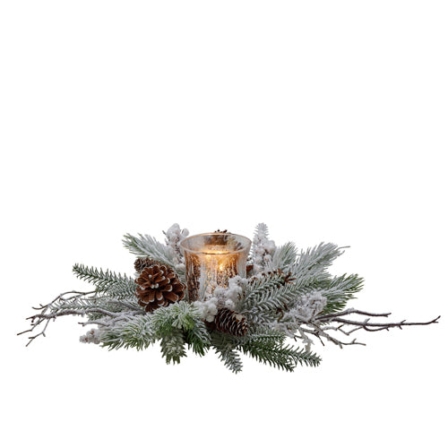 Snowy Candle Wreath with Pine Foliage & Cones