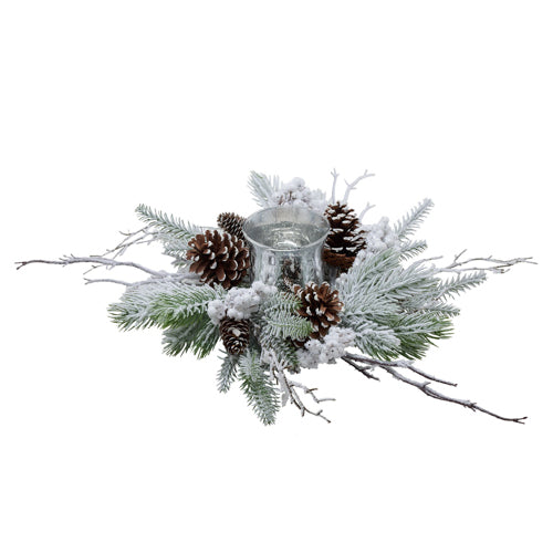 Snowy Candle Wreath with Pine Foliage & Cones