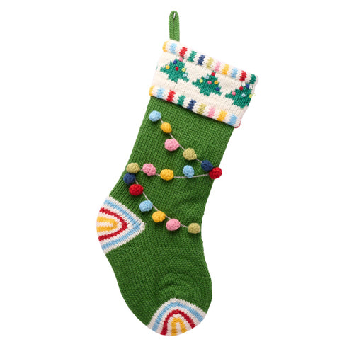 Green Christmas Stocking with Pom Pom Garland