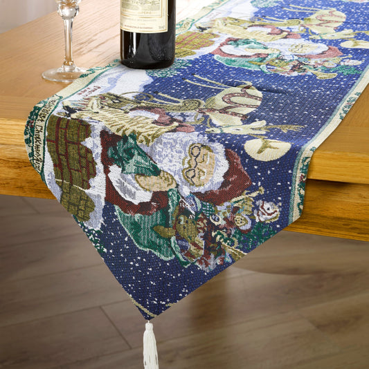 Santa Blue Christmas Tapestry Table Runner