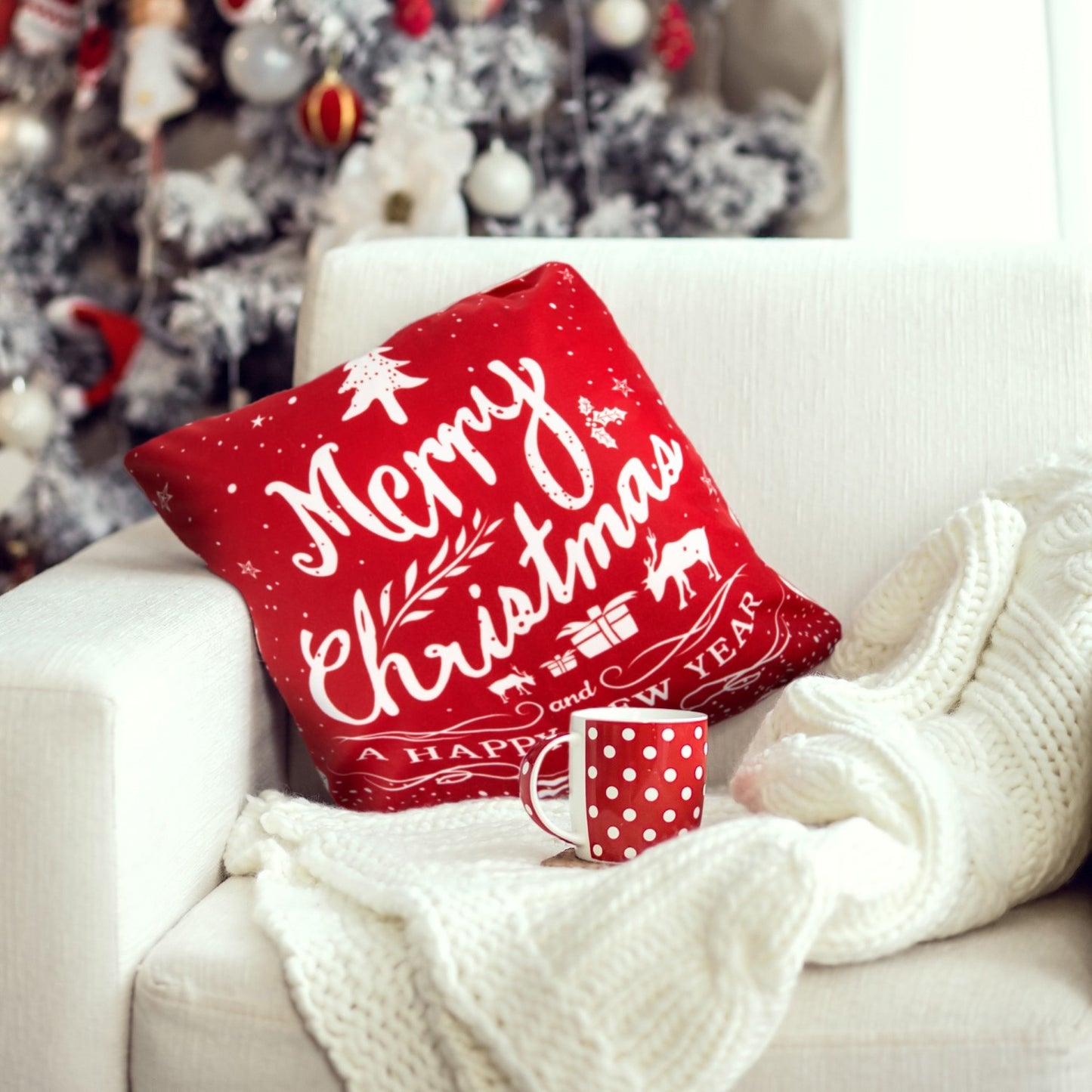 Merry Christmas Red Print Velvet Cushion Cover Pair