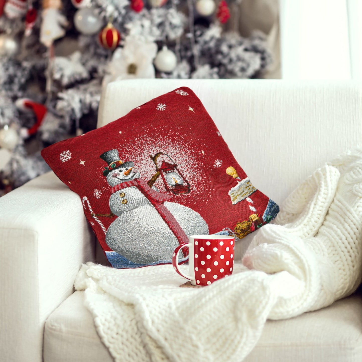 Snowman Red Tapestry Cushion Cover (Pair)