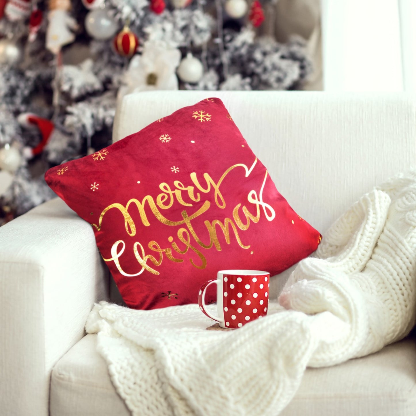 Merry Christmas Red Plush Velvet Cushion Cover Pair