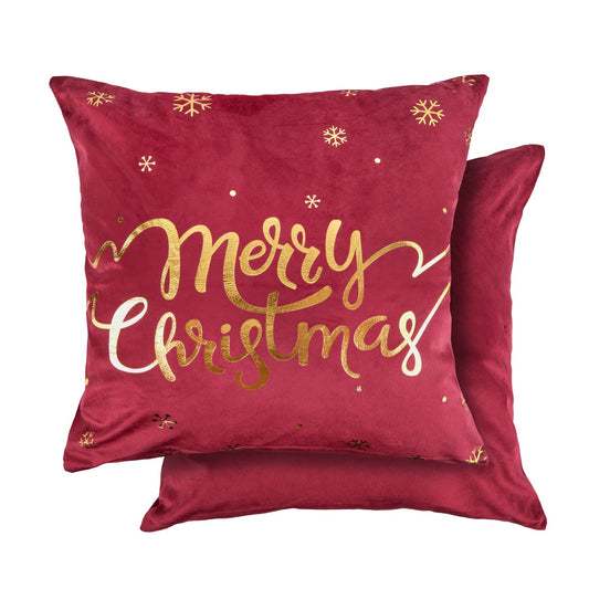 Merry Christmas Red Plush Velvet Cushion Cover Pair