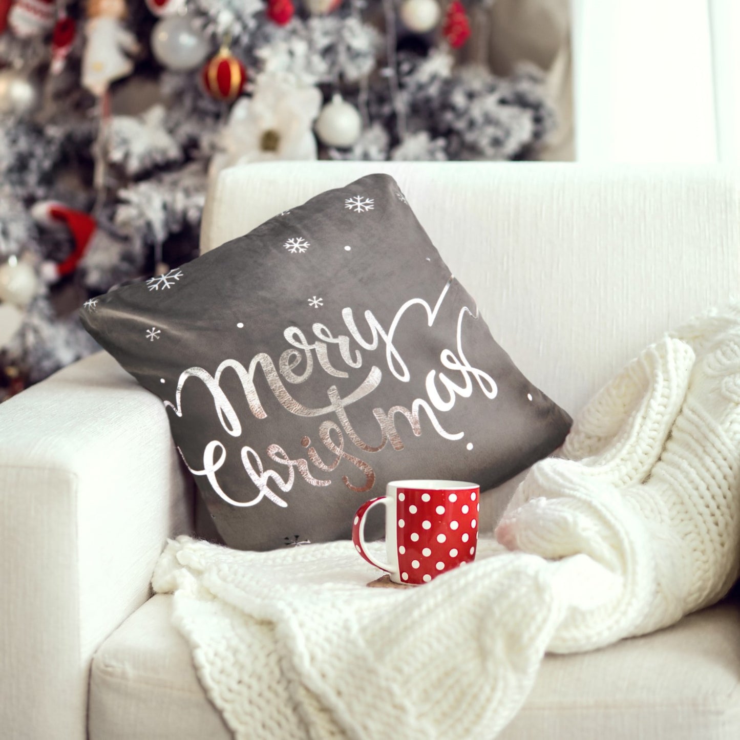 Merry Christmas Grey Plush Velvet Cushion Cover Pair