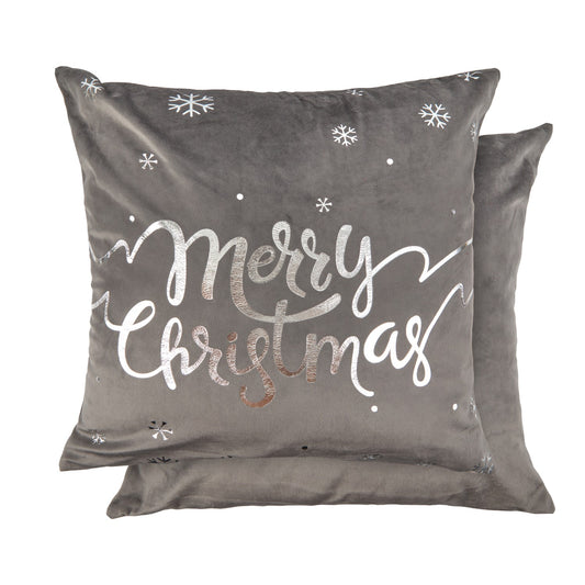 Merry Christmas Grey Plush Velvet Cushion Cover Pair