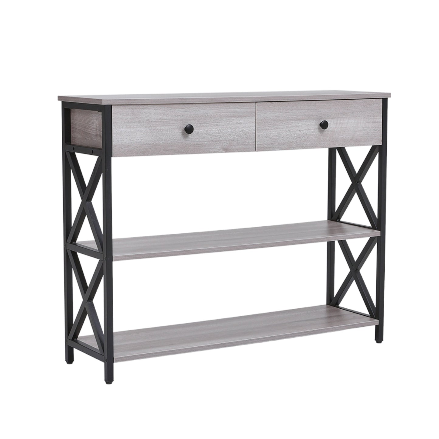 Rustic Grey Console Table with 2 Drawers & Shelves