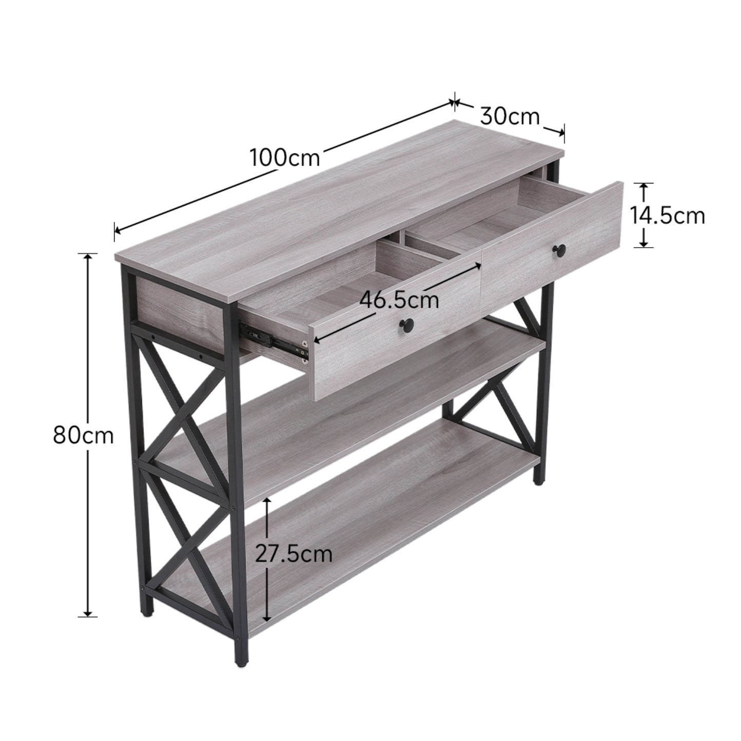 Rustic Grey Console Table with 2 Drawers & Shelves