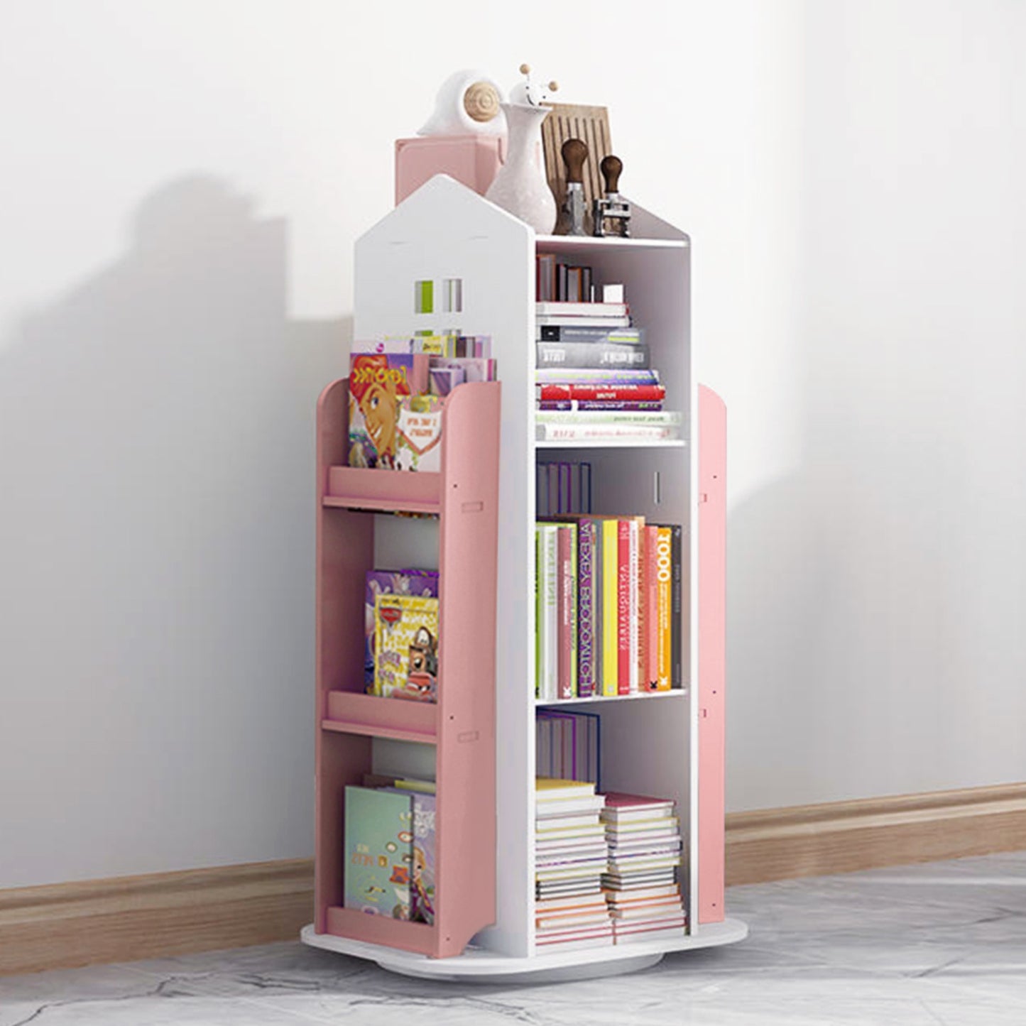 Pink 360° Rotating Kids House Bookshelf