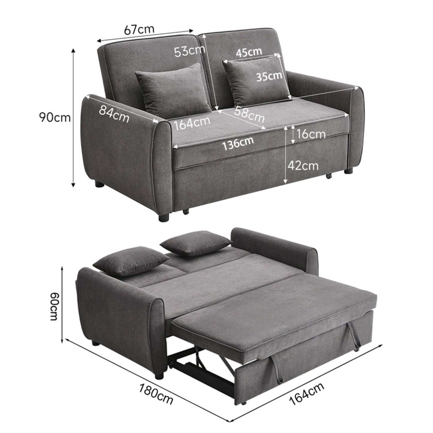 Convertible Pull Out 2 Seater Sofa Bed with Reclining Backrest