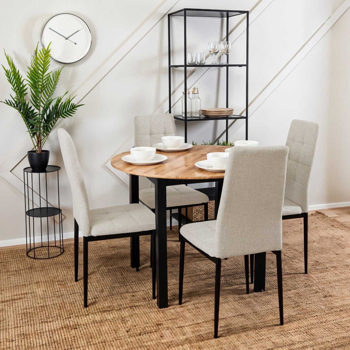Set of 4 Beige White Quilted Linen Dining Chairs