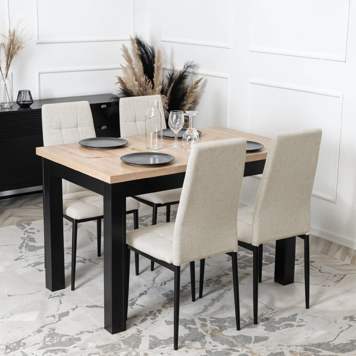 Set of 4 Beige White Quilted Linen Dining Chairs