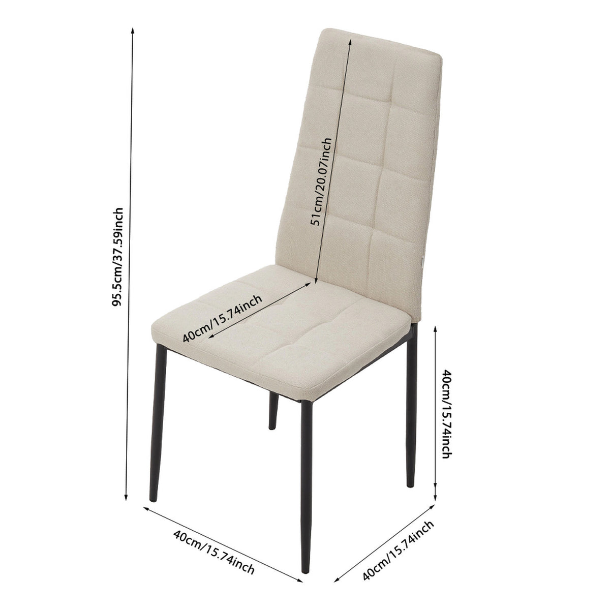 Set of 4 Beige White Quilted Linen Dining Chairs