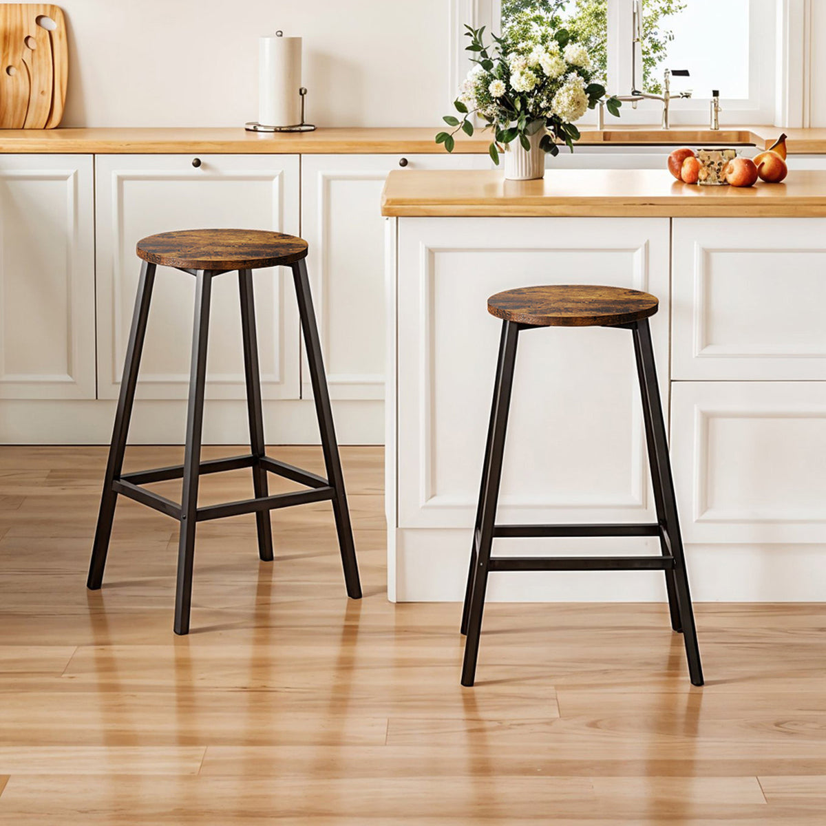 Set of 2 Brown Bar Stools with Metal Frame