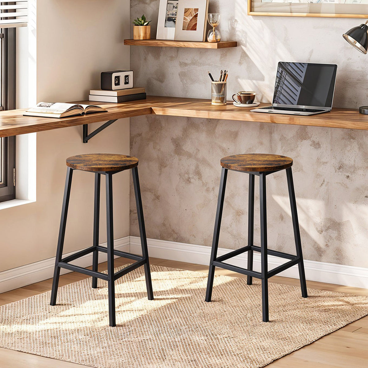 Set of 2 Brown Bar Stools with Metal Frame