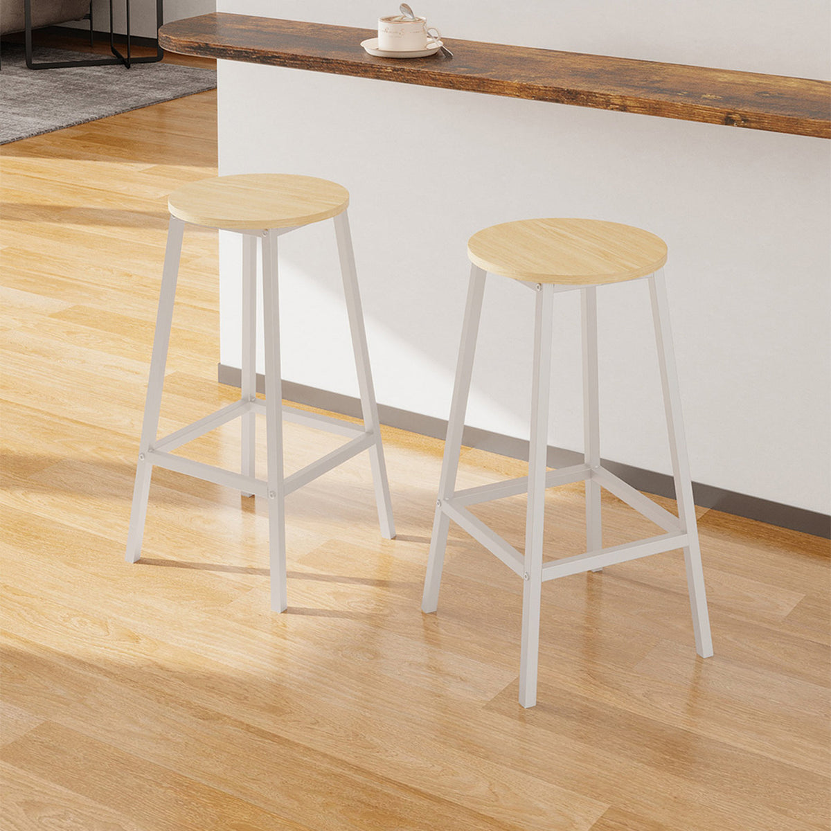 Set of 2 Natural Bar Stools with White Metal Frame