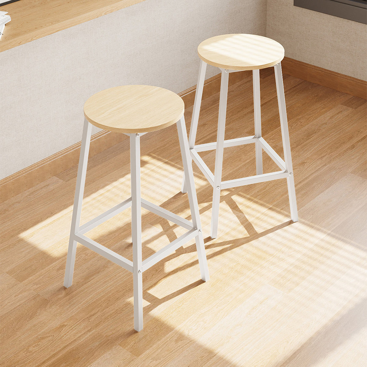Set of 2 Natural Bar Stools with White Metal Frame