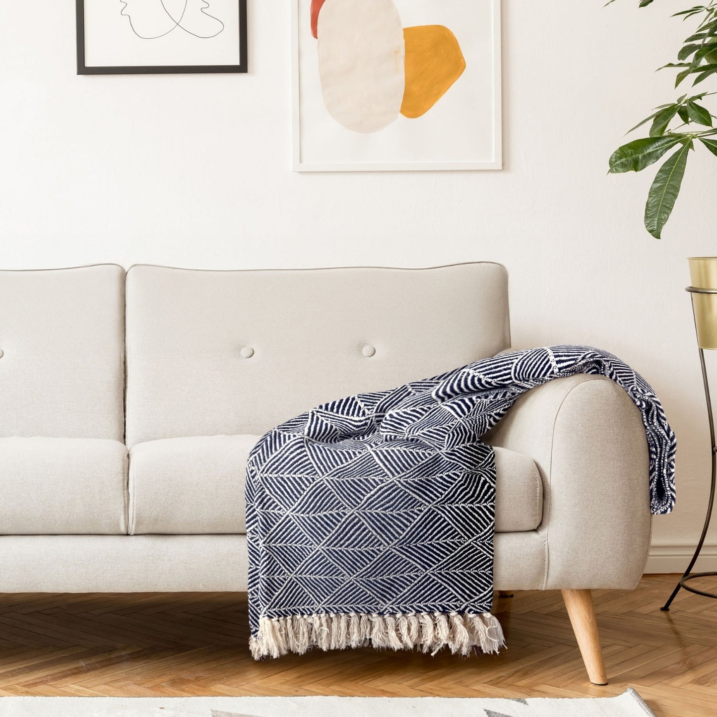 Zahra Navy Scandi Woven Recycled Cotton Throw