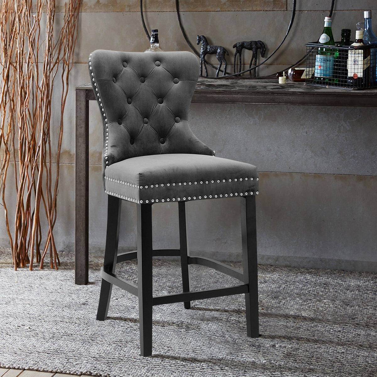 Dark Grey Velvet Button Tufted Bar Stool