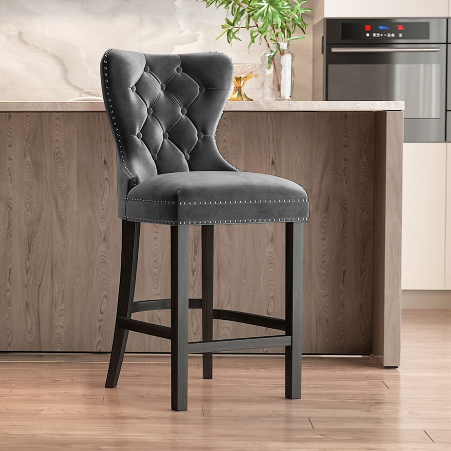 Dark Grey Velvet Button Tufted Bar Stool