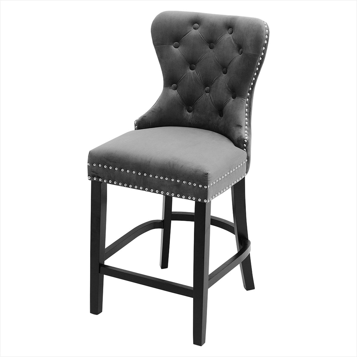 Dark Grey Velvet Button Tufted Bar Stool