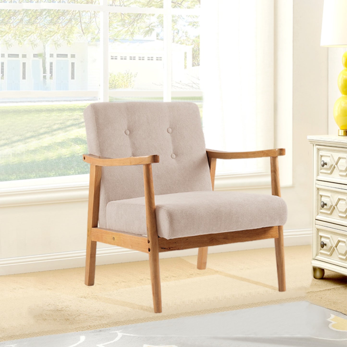 Beige Upholstered Wooden Armchair