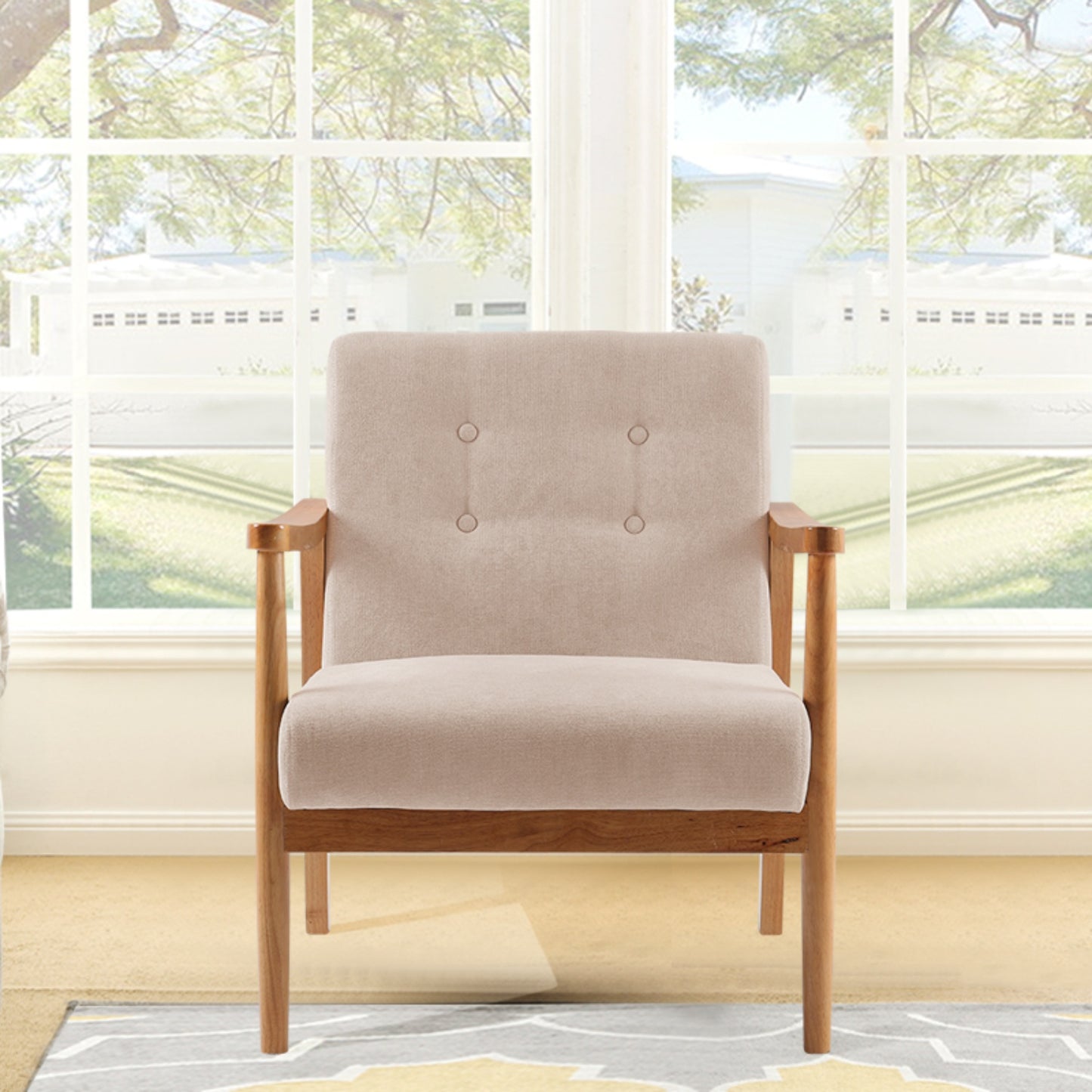 Beige Upholstered Wooden Armchair