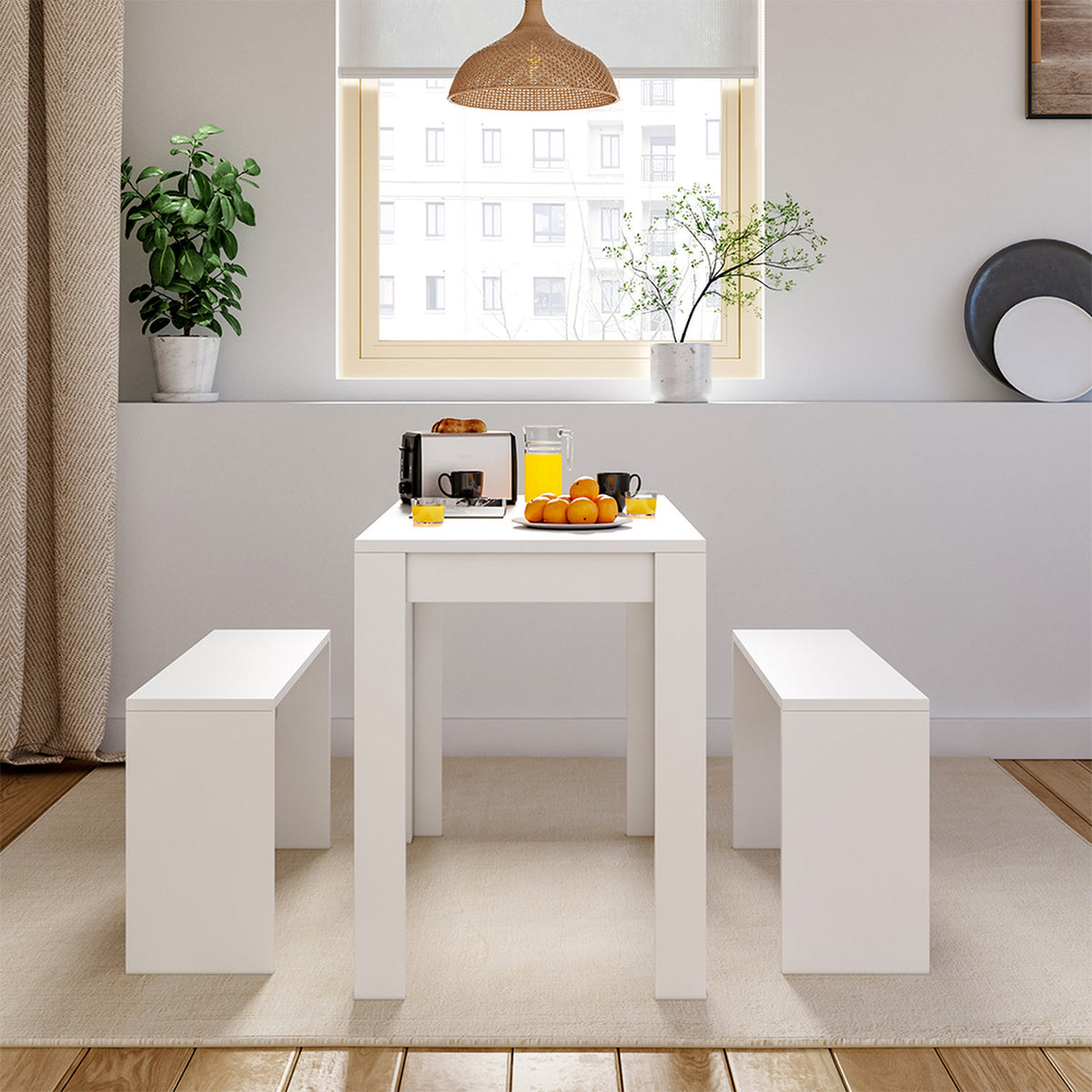 3-Piece Modern White Dining Table & Bench Set