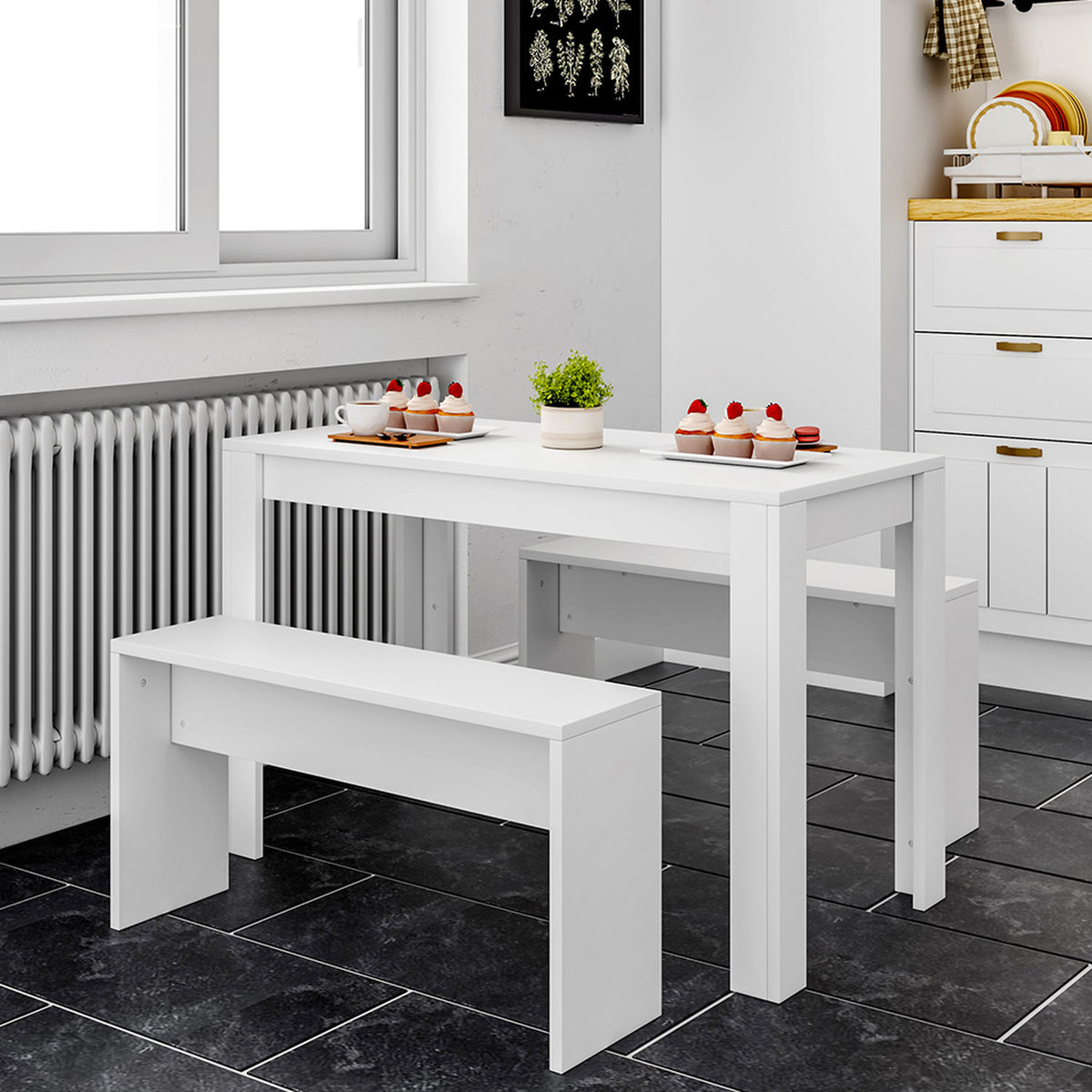 3-Piece Modern White Dining Table & Bench Set