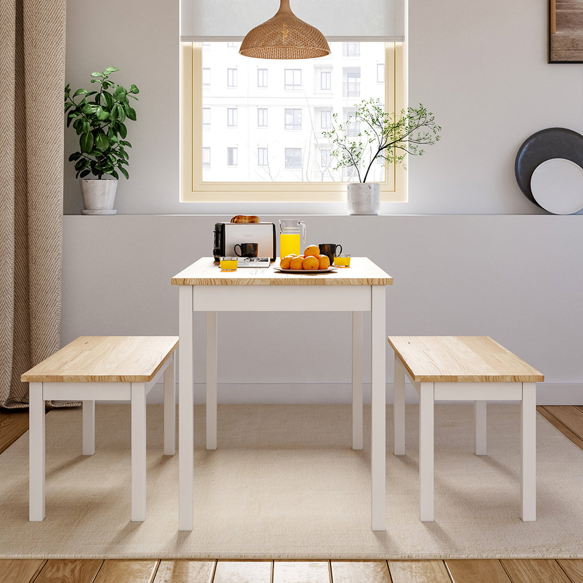 Wooden Dining Table and Bench White 4 Seater
