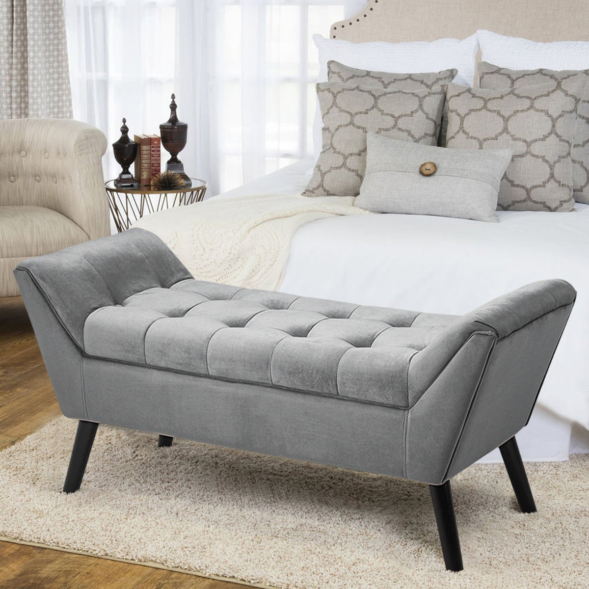 Mid Century Modern Grey Velvet Buttoned Armed Bench