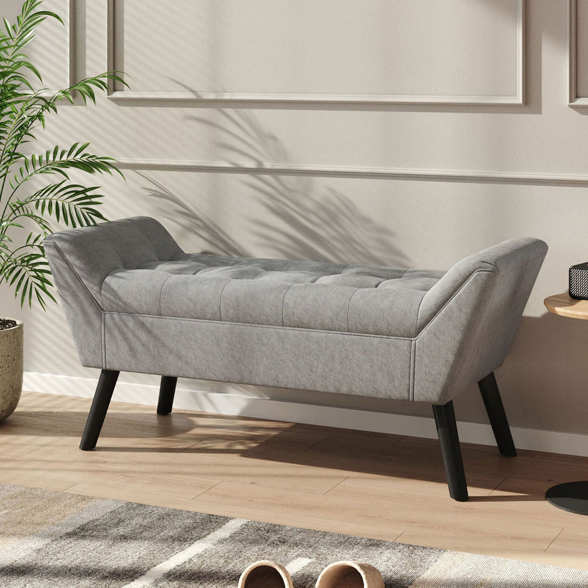 Mid Century Modern Grey Velvet Buttoned Armed Bench