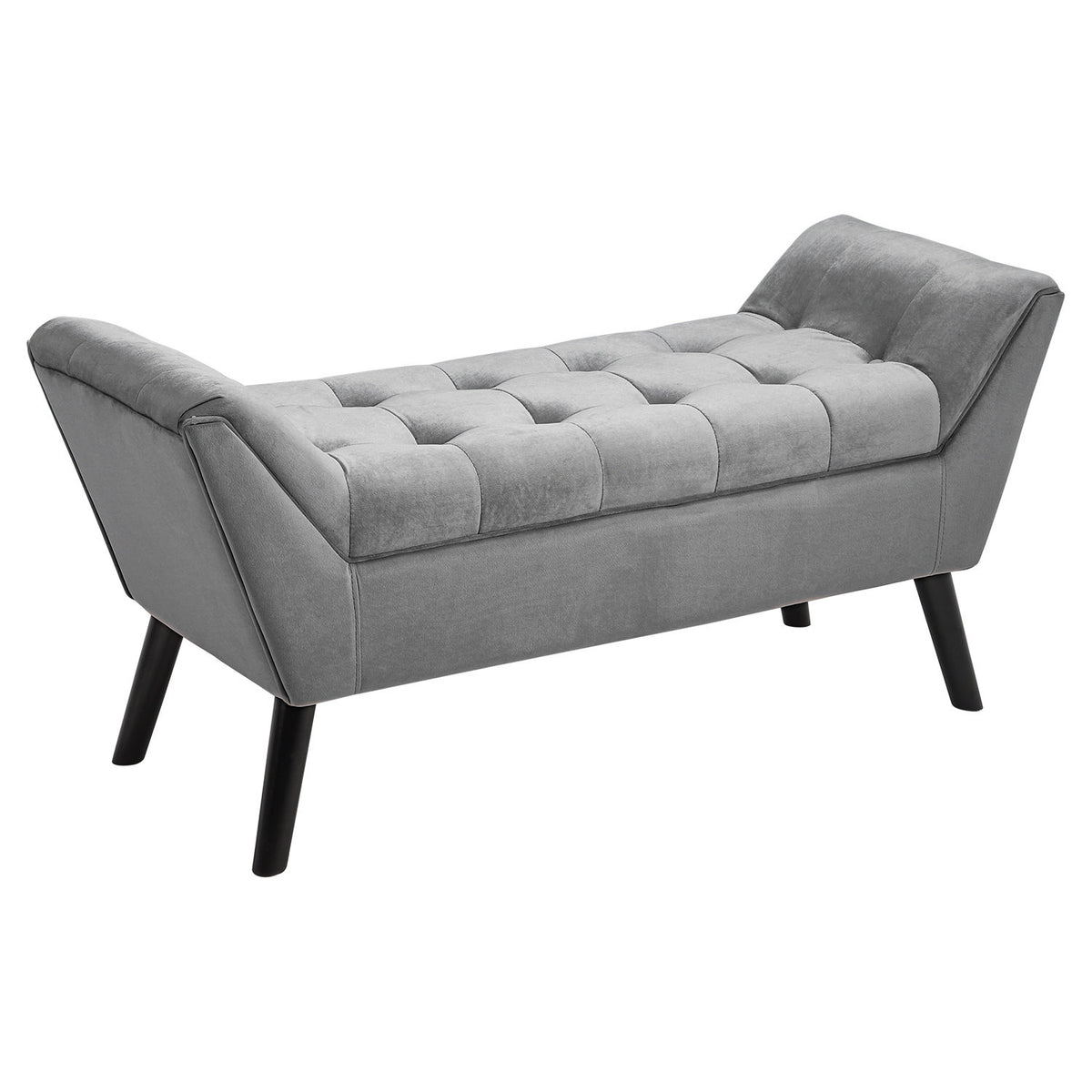 Mid Century Modern Grey Velvet Buttoned Armed Bench