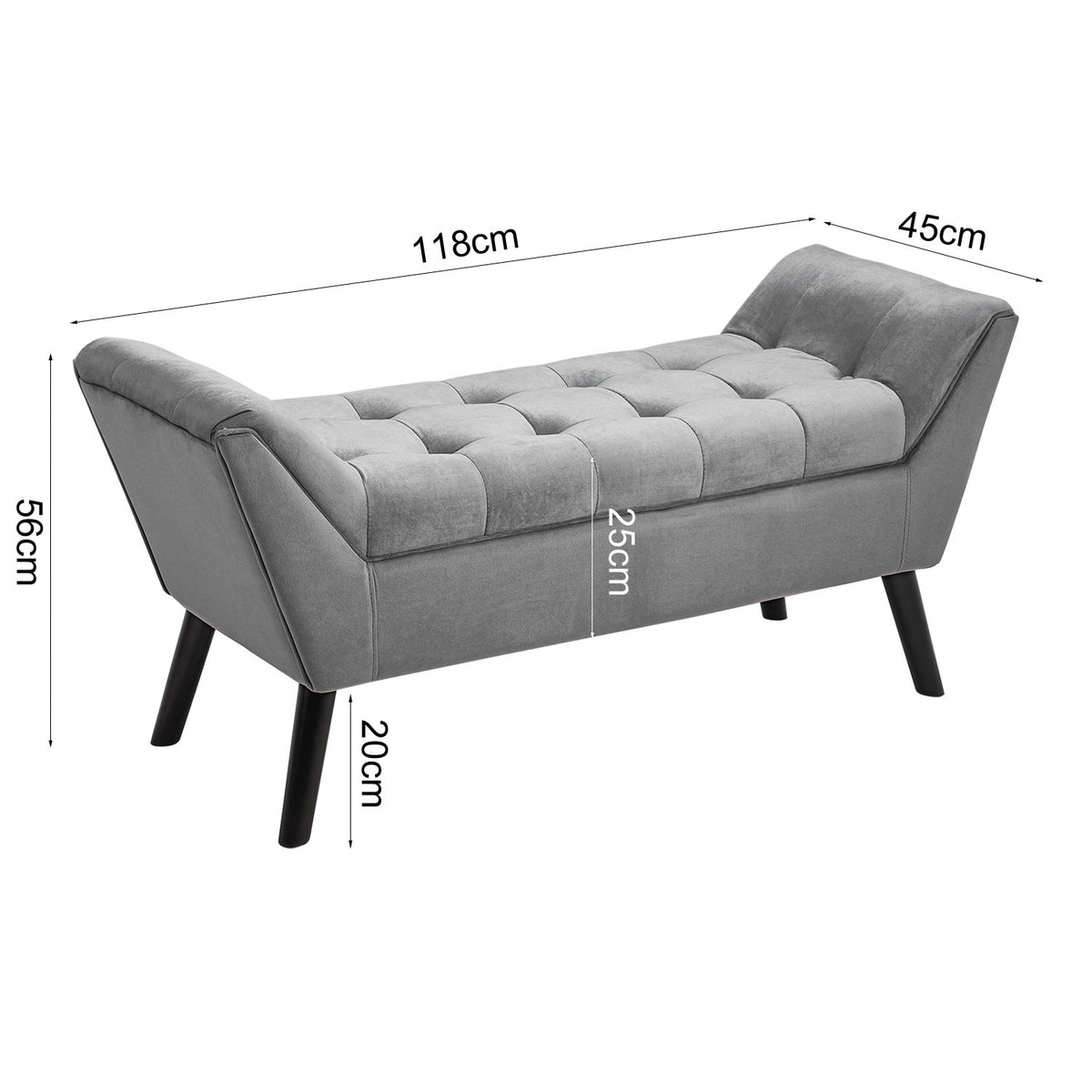 Mid Century Modern Grey Velvet Buttoned Armed Bench