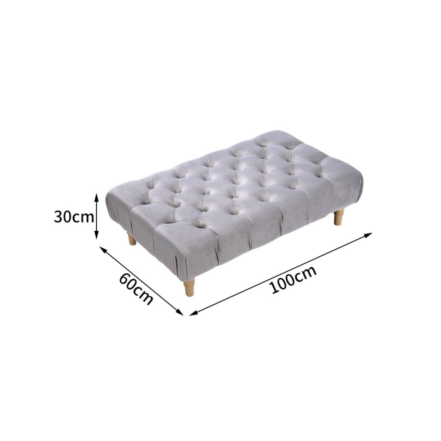 Velvet Buttoned Light Grey Rectangle Footstool