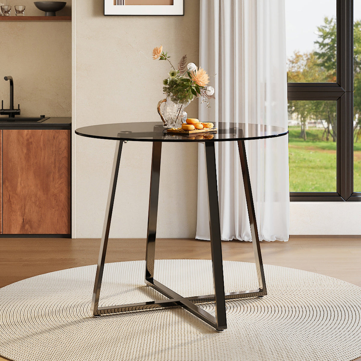 Black Round Glass Dining Table with Metal Base
