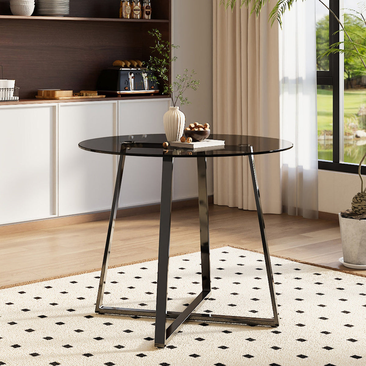 Black Round Glass Dining Table with Metal Base
